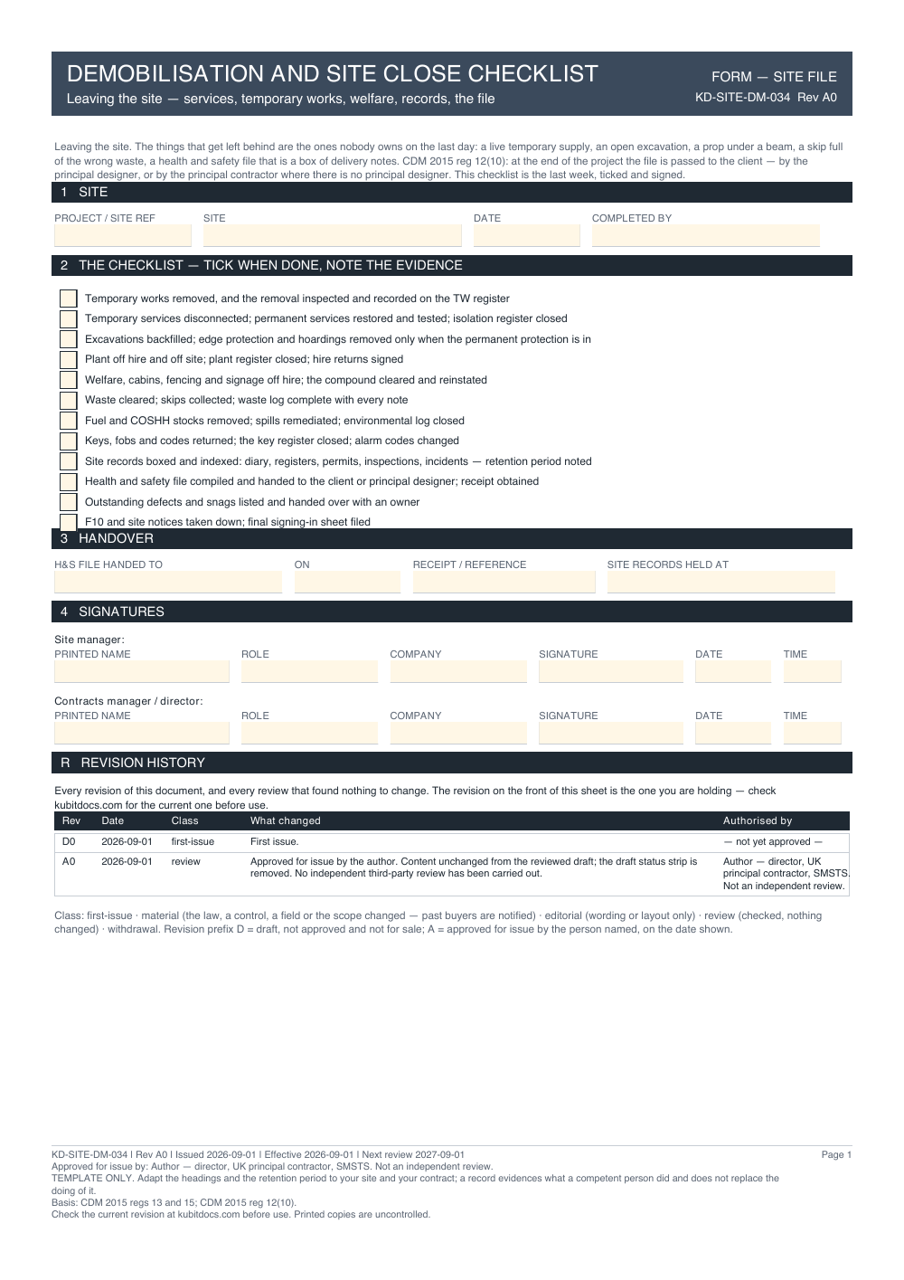Demobilisation and Site Close Checklist — page one