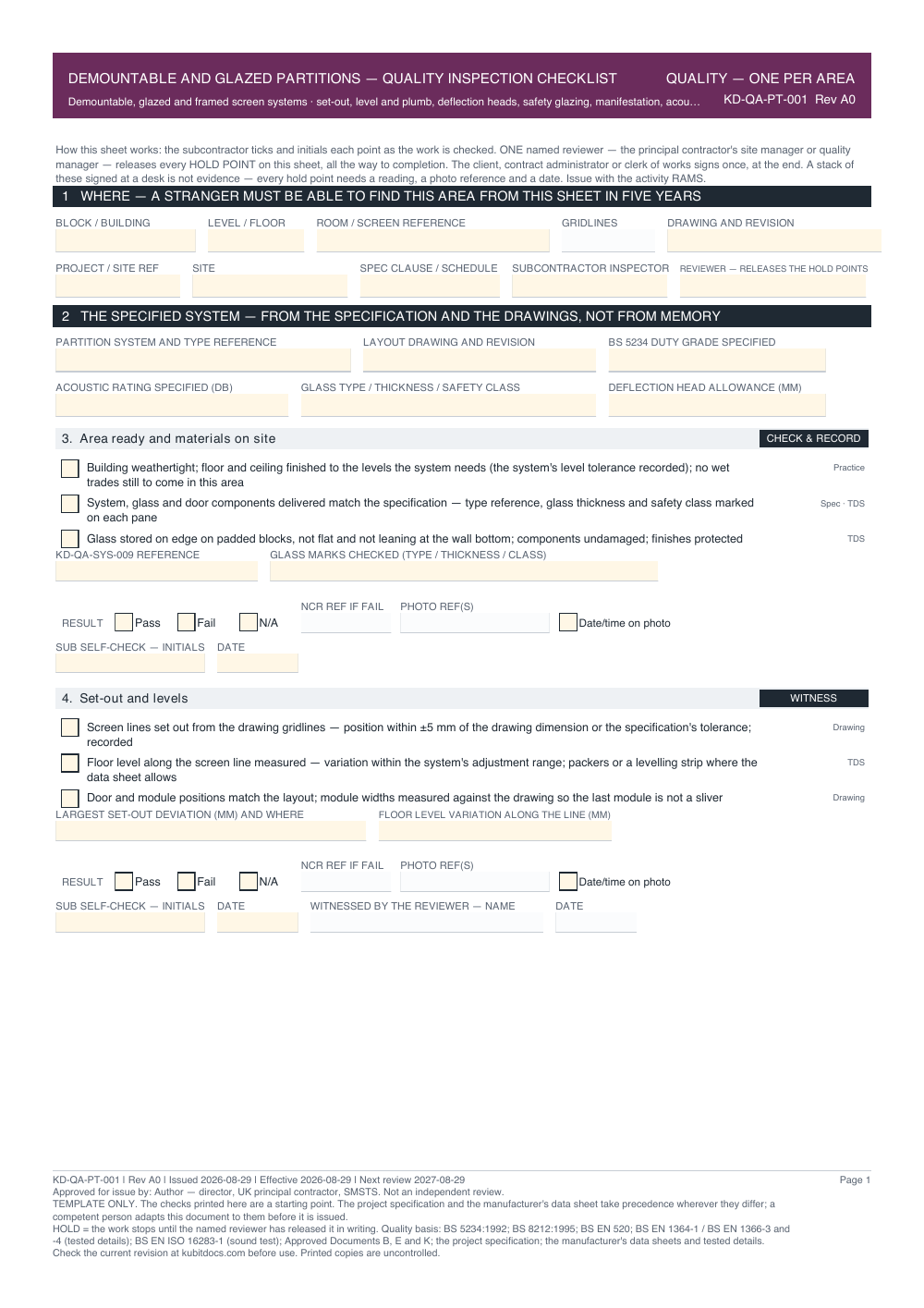 Demountable and Glazed Partitions — Quality Inspection Checklist — page one