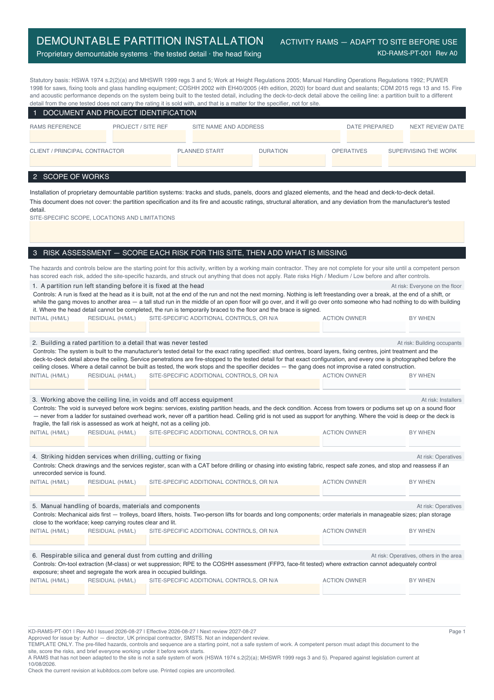 Demountable Partition Installation — page one