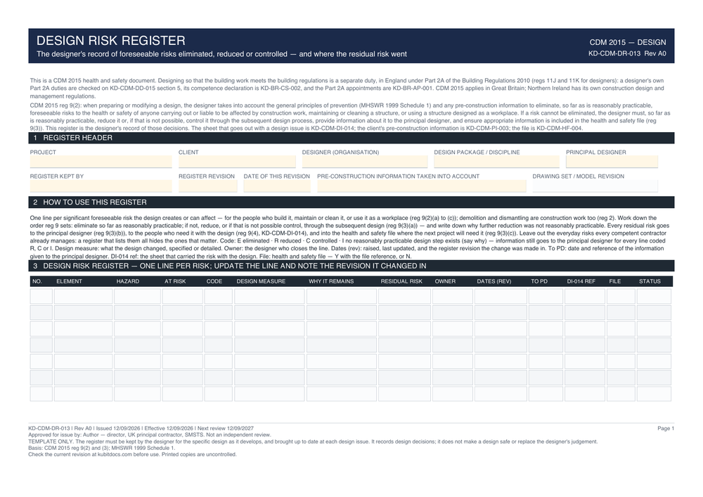 Design Risk Register — page one