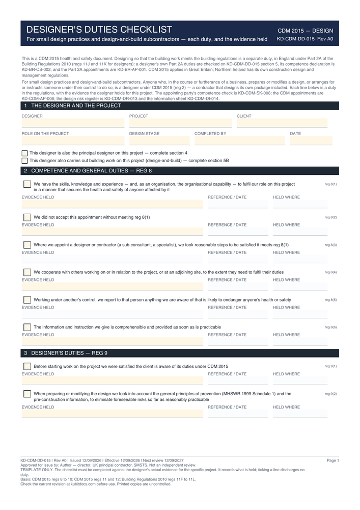 Designer's Duties Checklist — page one