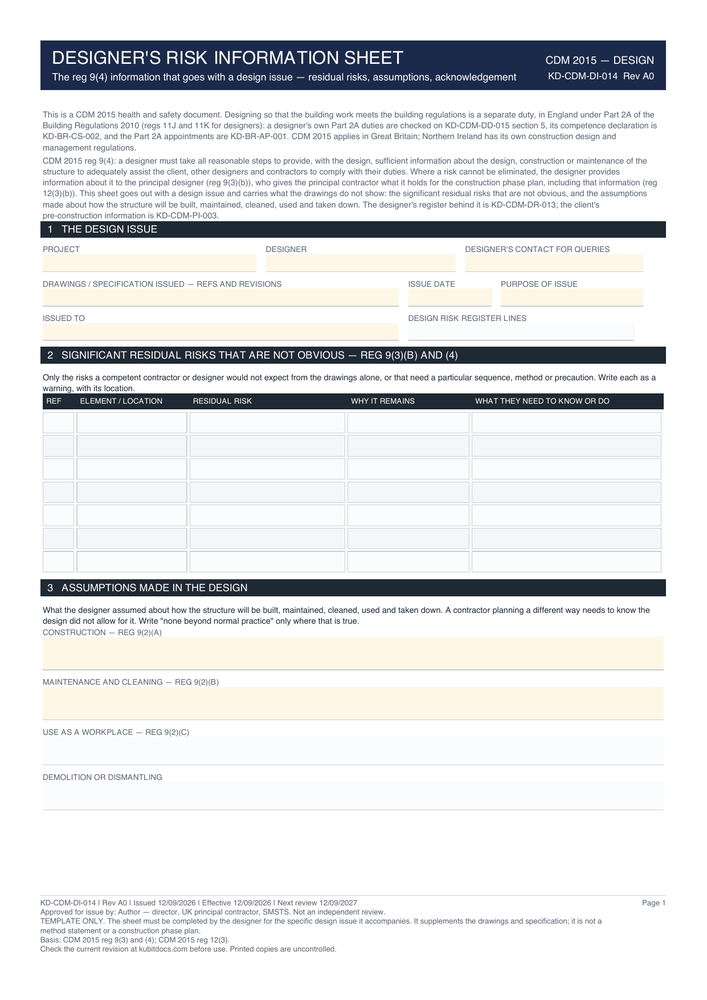 Designer's Risk Information Sheet — page one