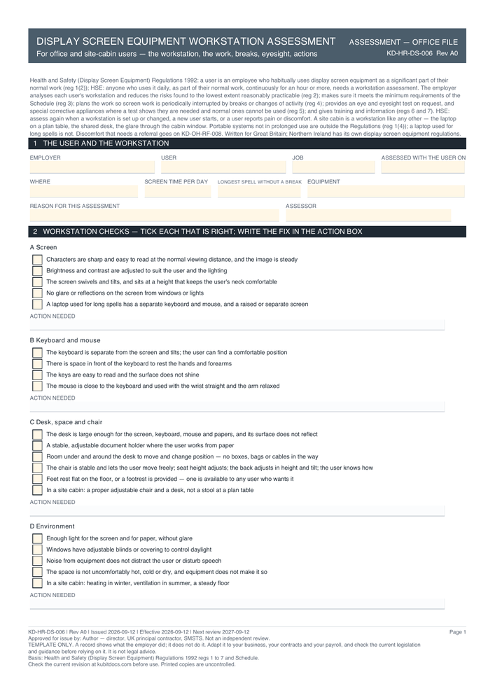 Display Screen Equipment Workstation Assessment — page one