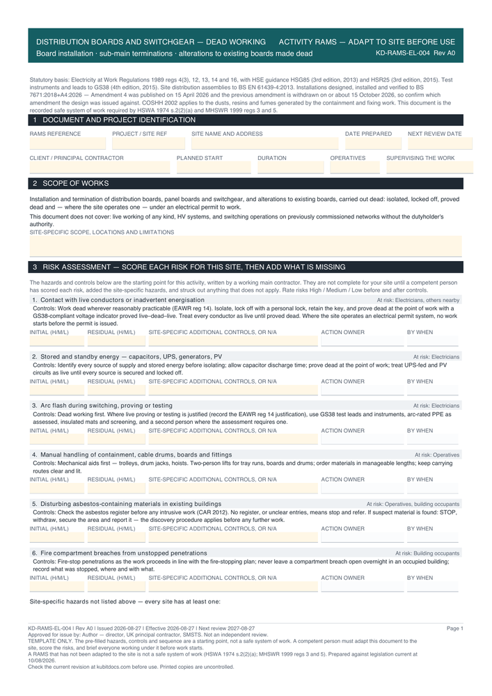 Distribution Boards and Switchgear — Dead Working — page one