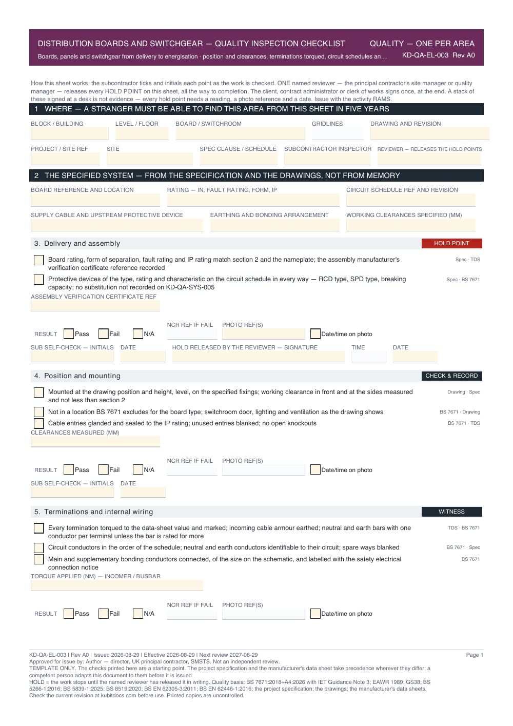 Distribution Boards and Switchgear — Quality Inspection Checklist — page one