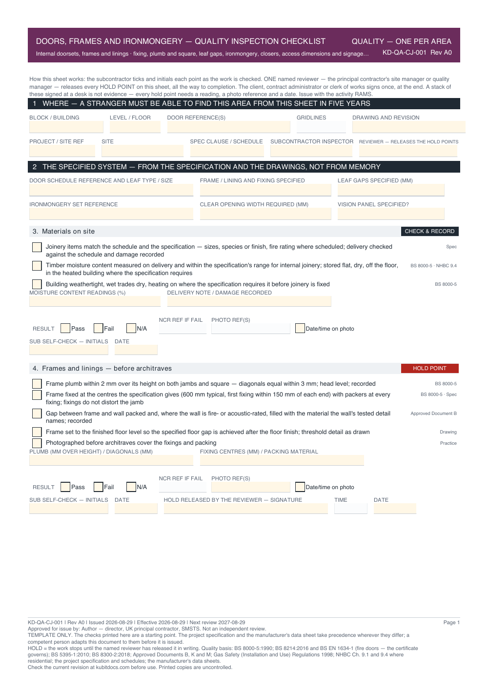 Doors, Frames and Ironmongery — Quality Inspection Checklist — page one