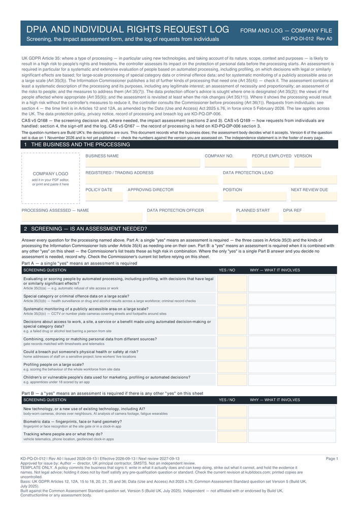 DPIA and Individual Rights Request Log — page one