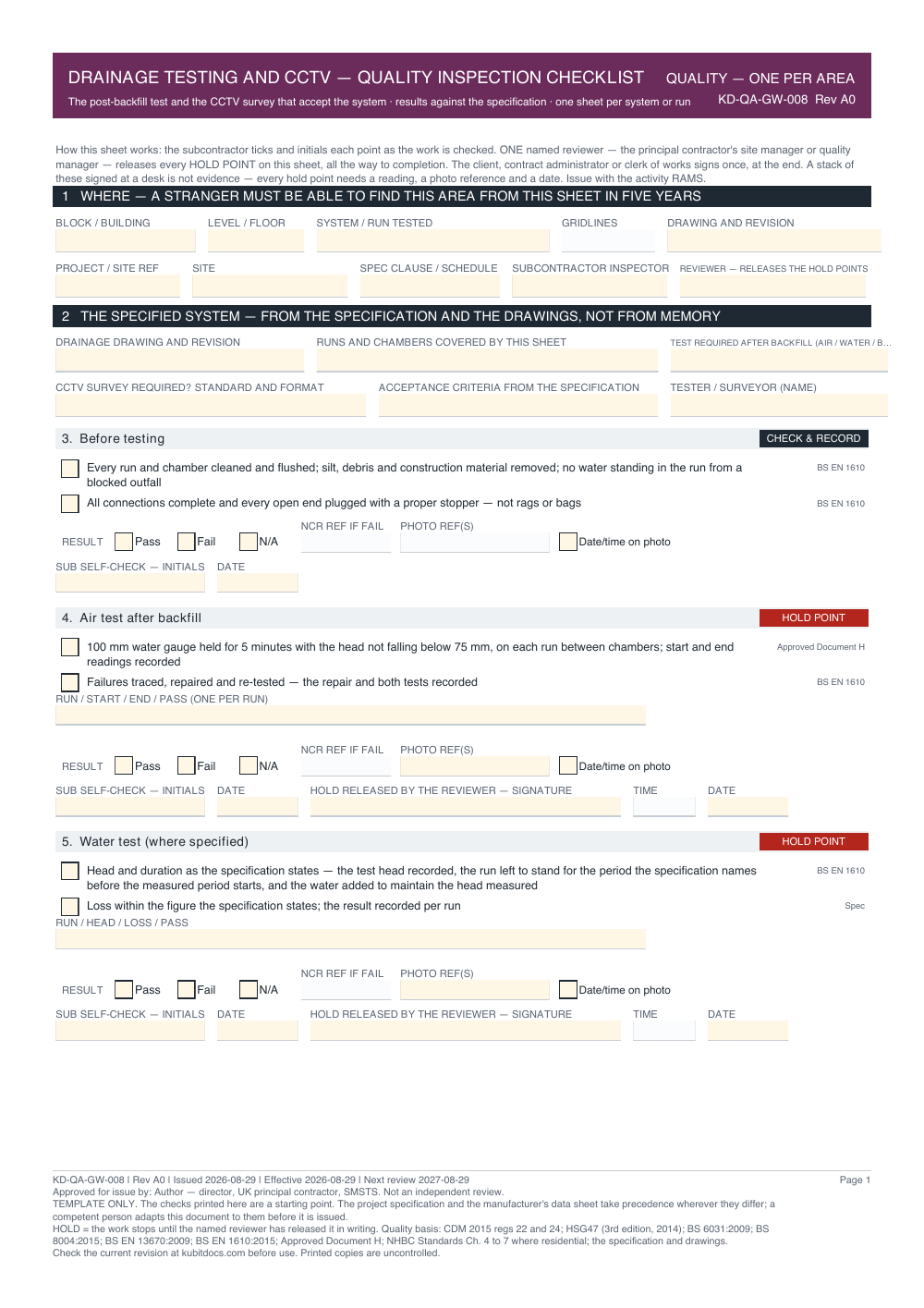 Drainage Testing and CCTV — Quality Inspection Checklist — page one