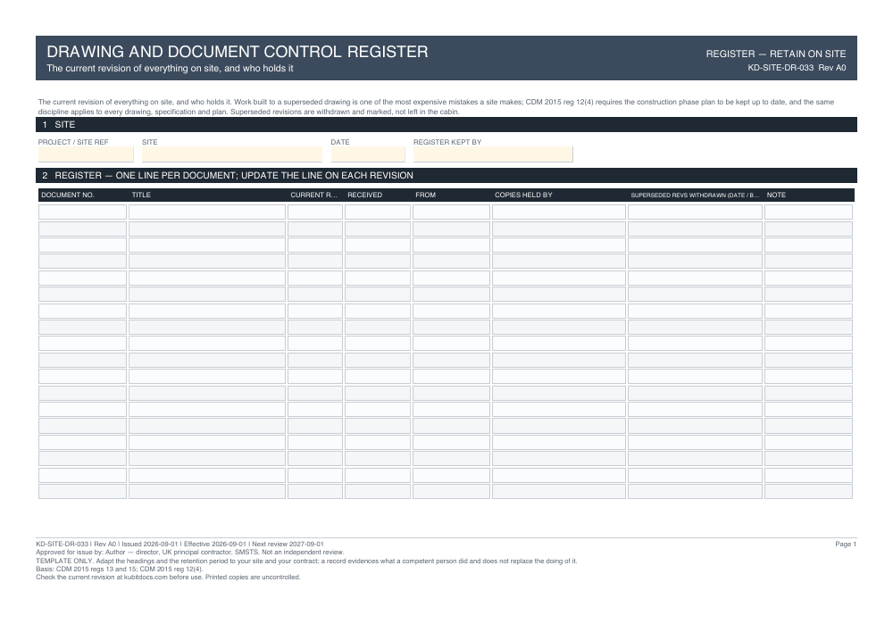 Drawing and Document Control Register — page one