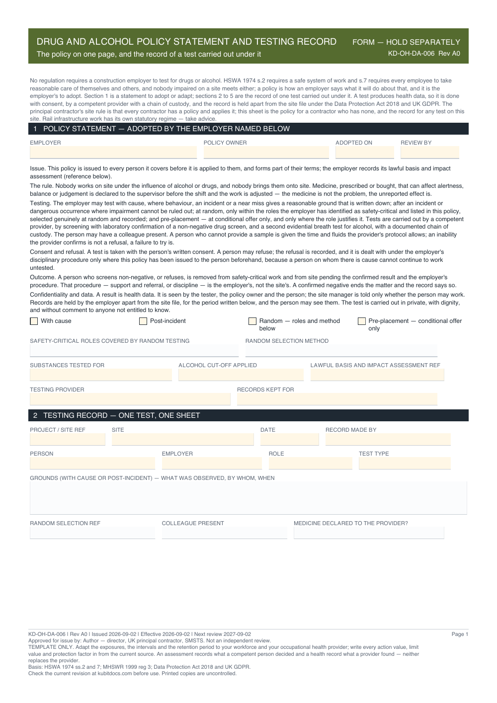 Drug and Alcohol Policy Statement and Testing Record — page one