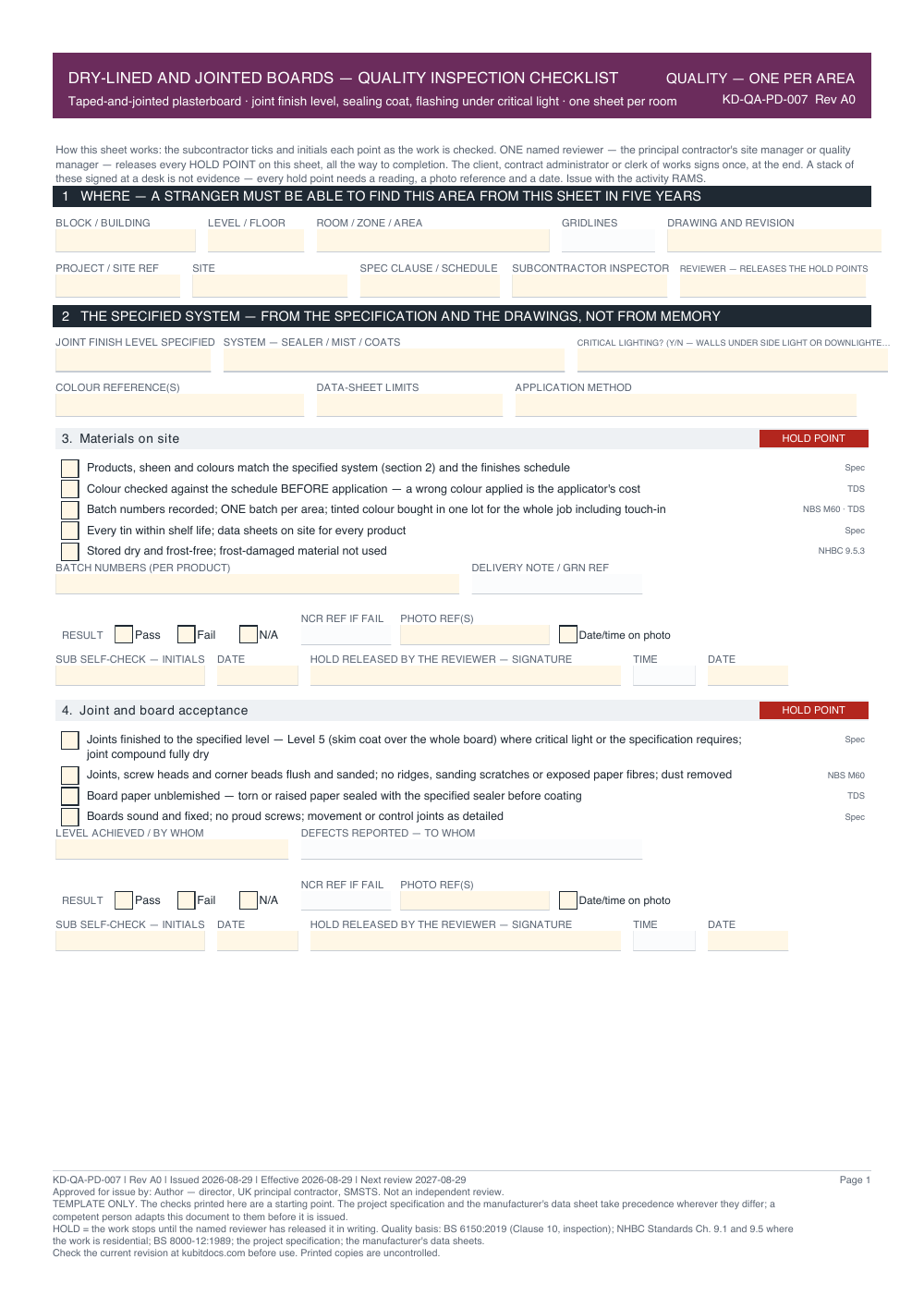 Dry-Lined and Jointed Boards — Quality Inspection Checklist — page one
