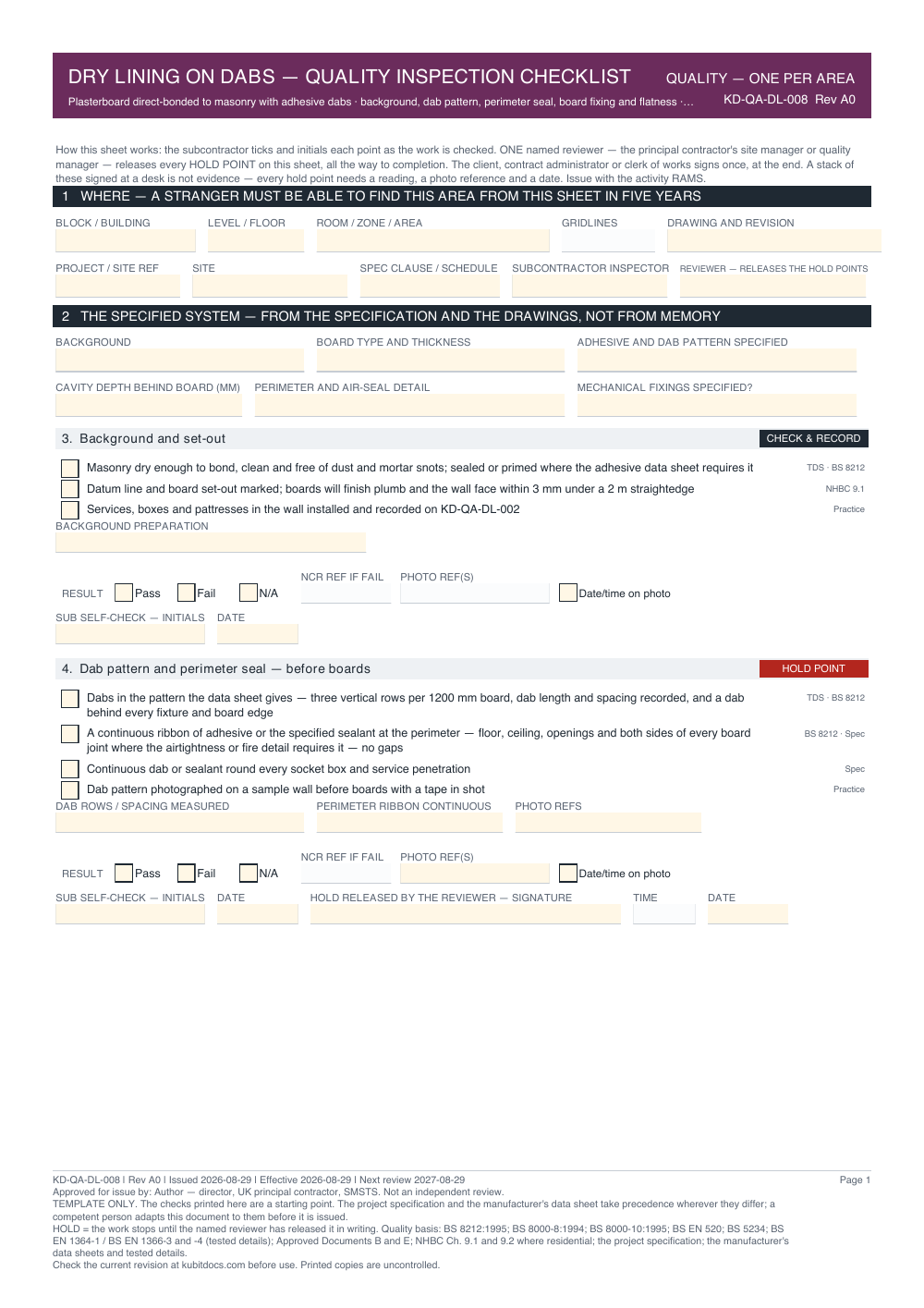 Dry Lining on Dabs — Quality Inspection Checklist — page one