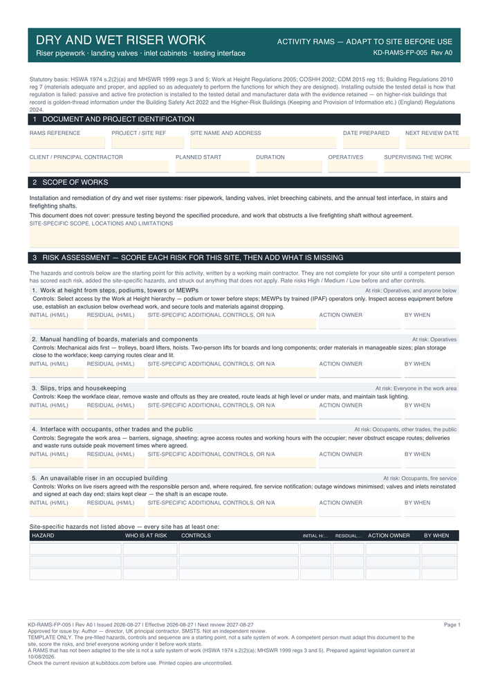 Dry and Wet Riser Work — page one