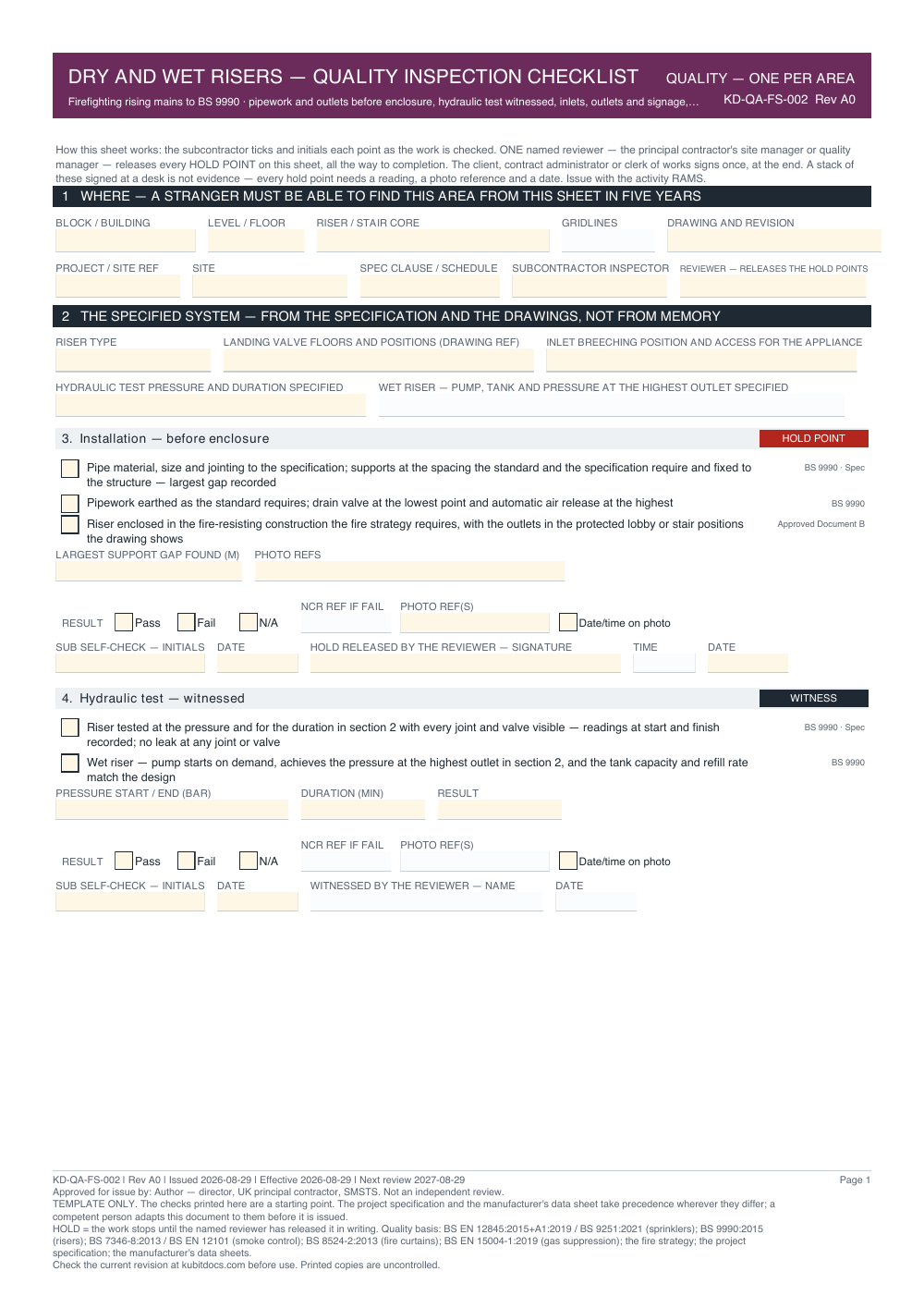 Dry and Wet Risers — Quality Inspection Checklist — page one