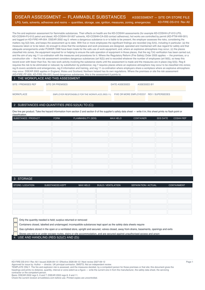 DSEAR Assessment — Flammable Substances — page one