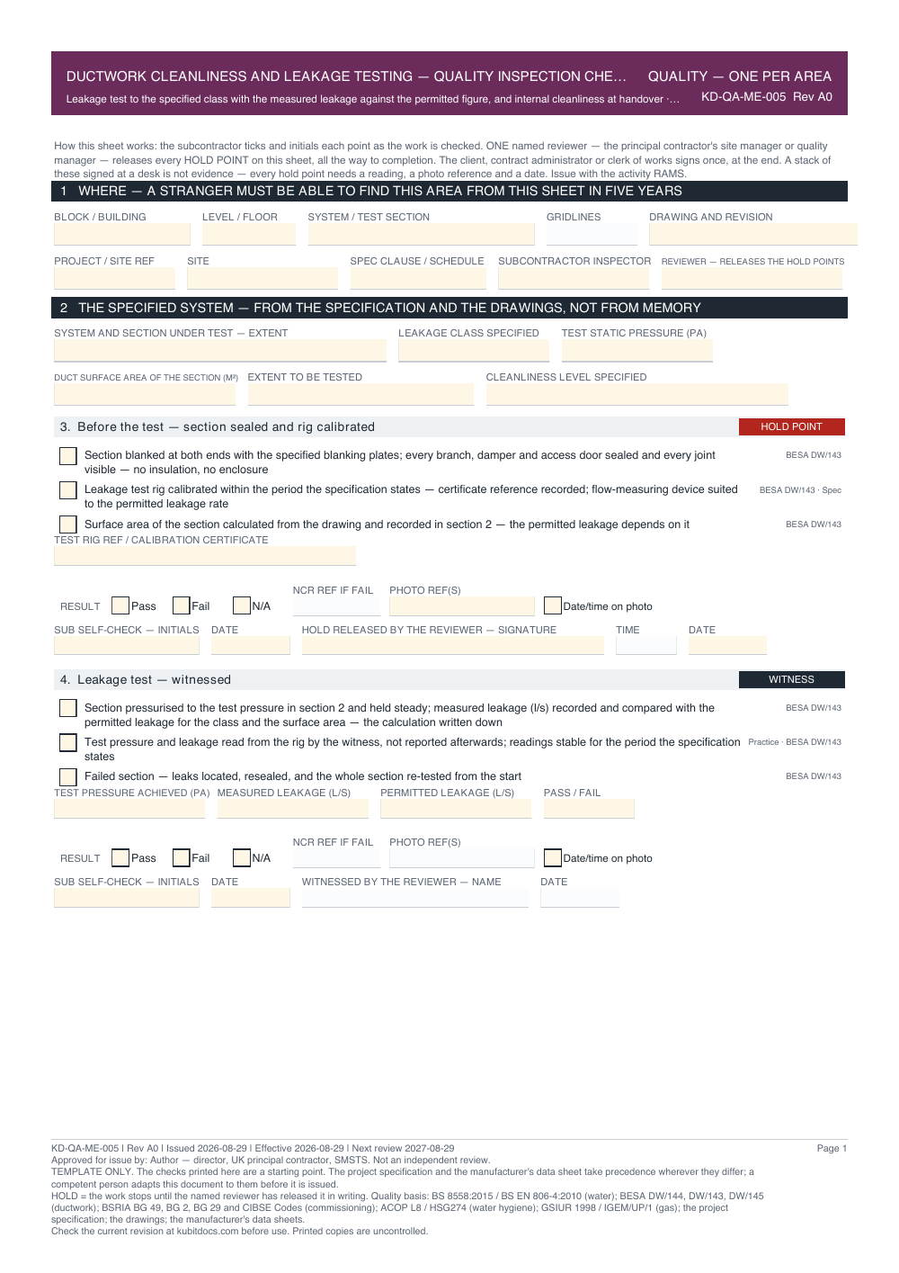 Ductwork Cleanliness and Leakage Testing — Quality Inspection Checklist — page one