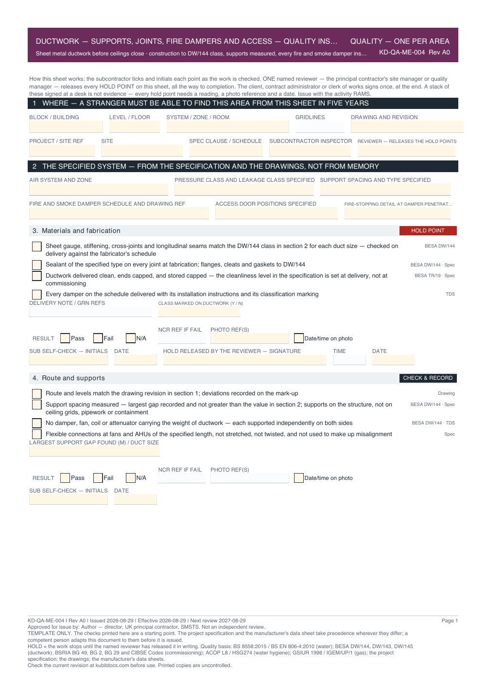 Ductwork — Supports, Joints, Fire Dampers and Access — Quality Inspection Checklist — page one