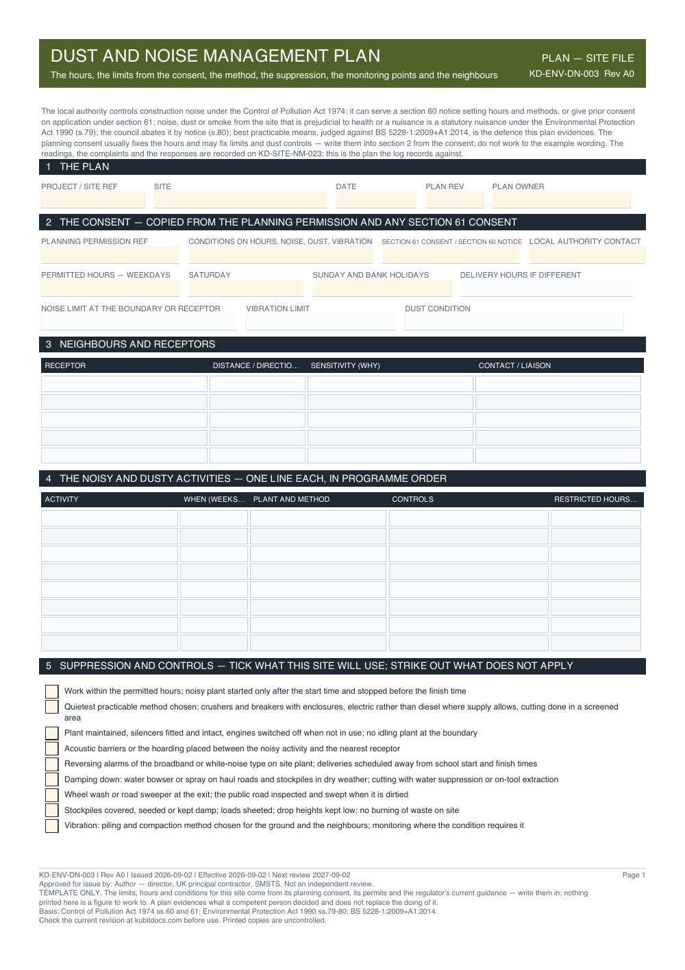 Dust and Noise Management Plan — page one