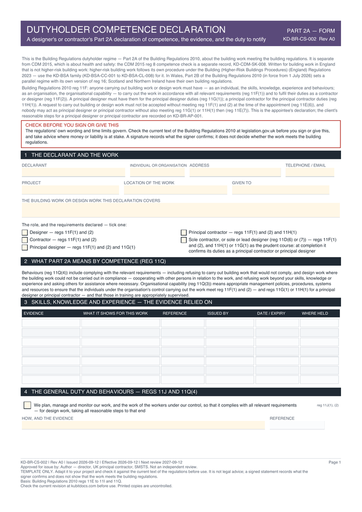 Dutyholder Competence Declaration — page one