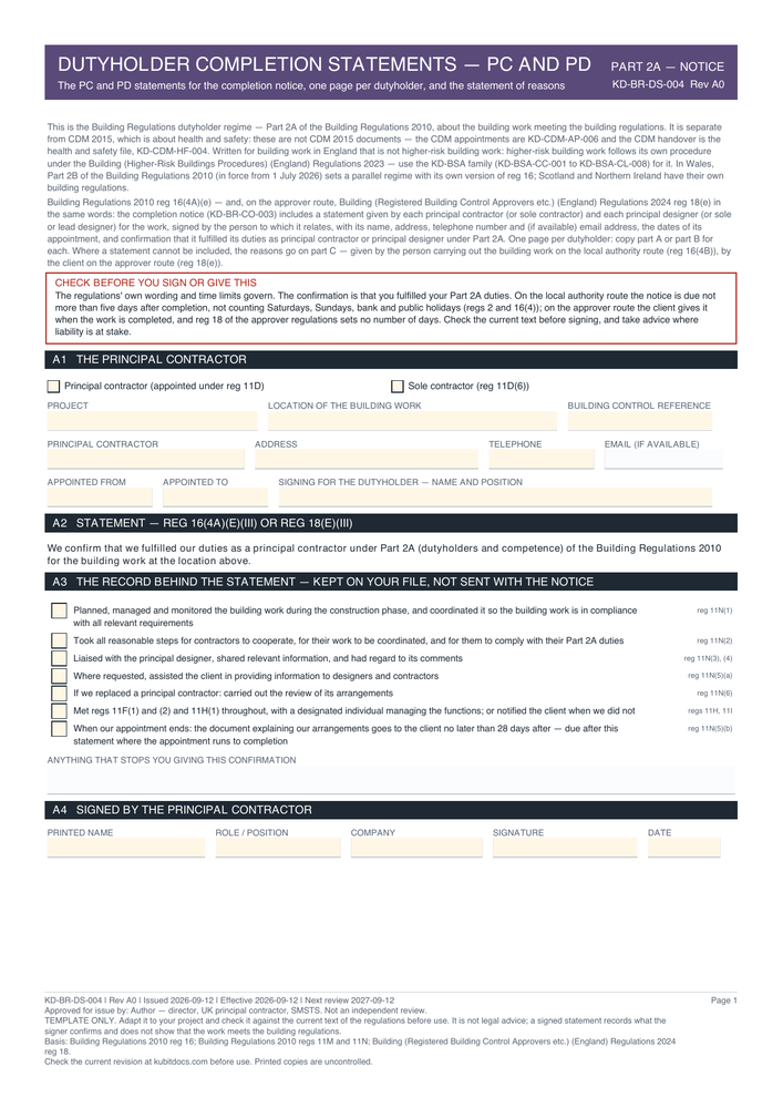 Dutyholder Completion Statements — PC and PD — page one