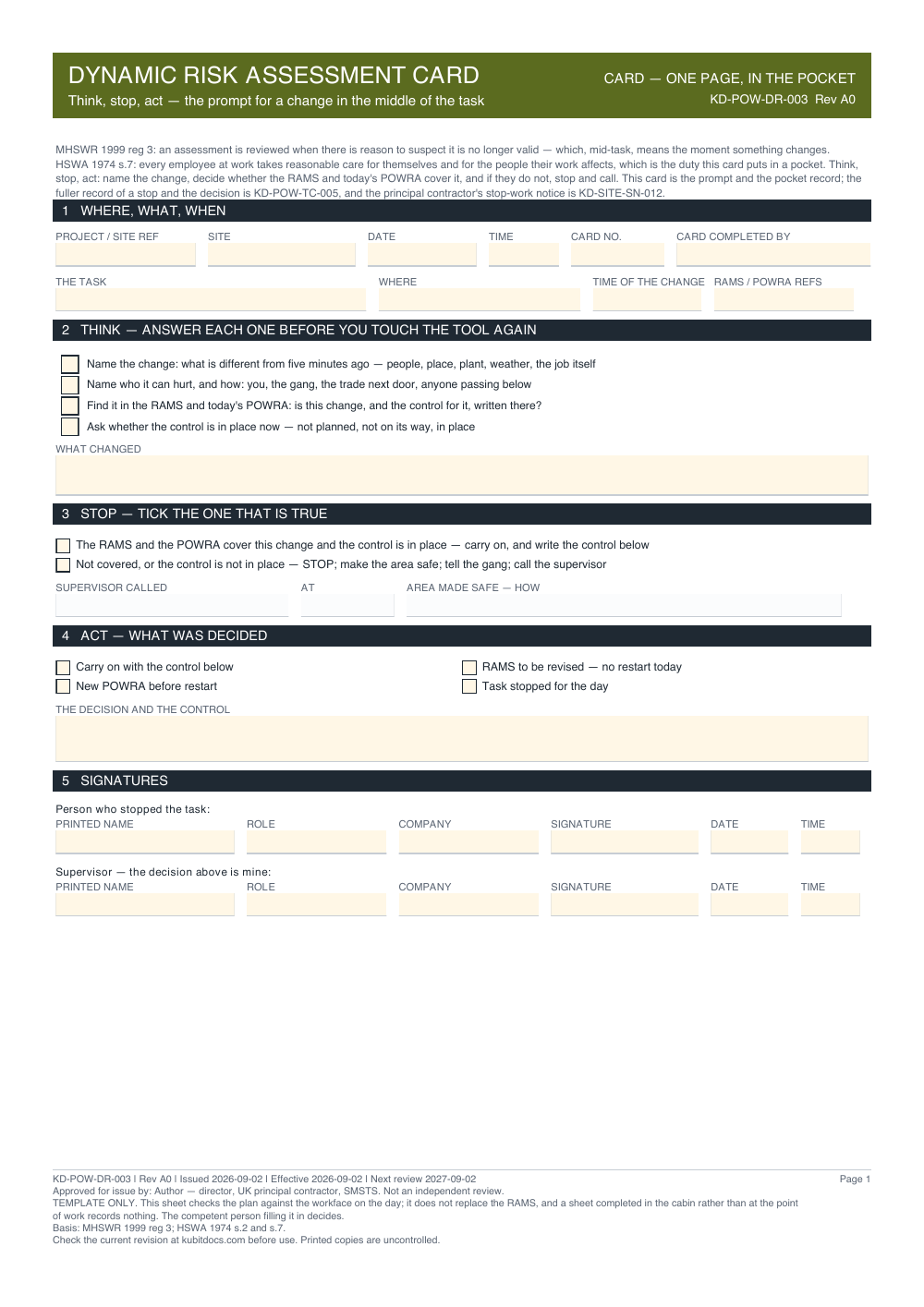 Dynamic Risk Assessment Card — page one
