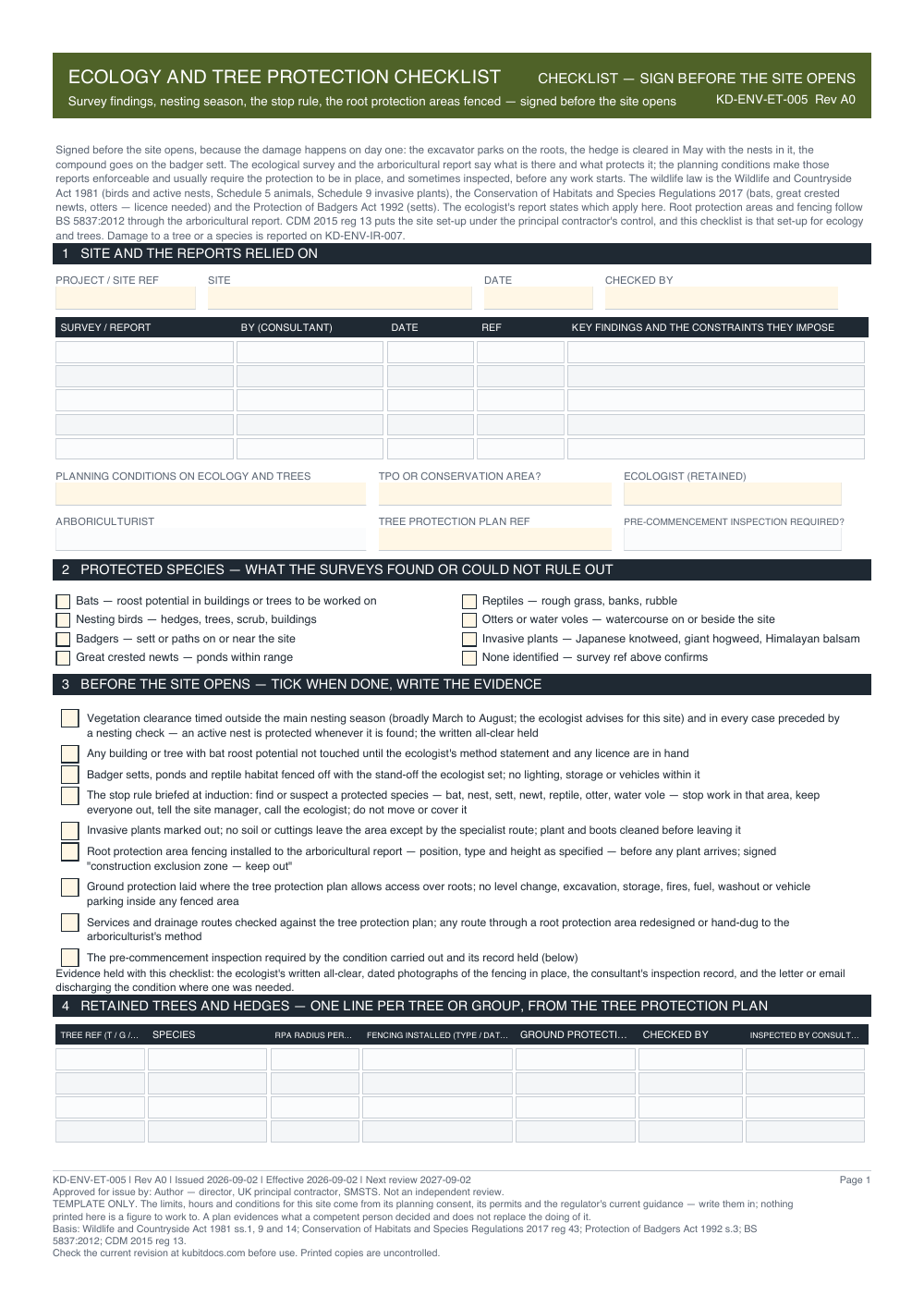 Ecology and Tree Protection Checklist — page one