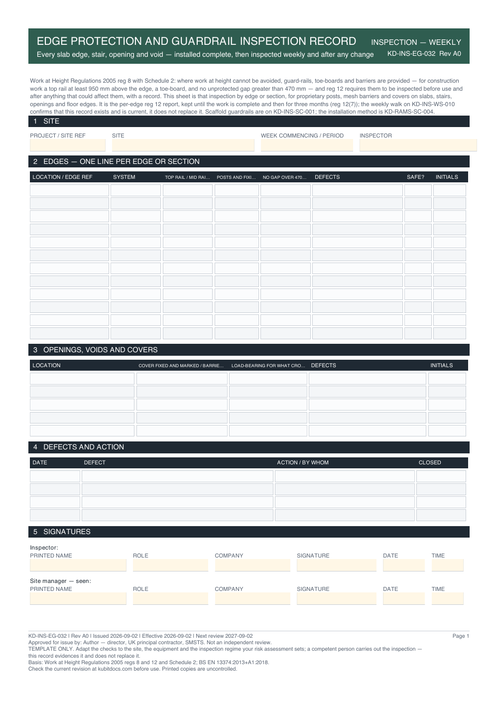 Edge Protection and Guardrail Inspection Record — page one