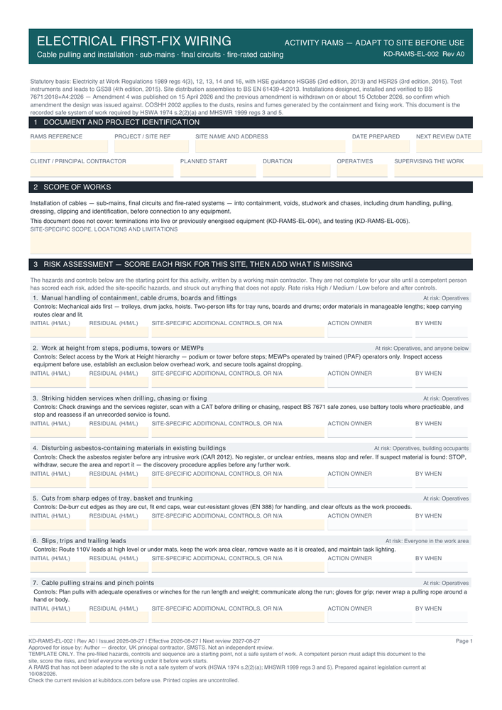 Electrical First-Fix Wiring — page one