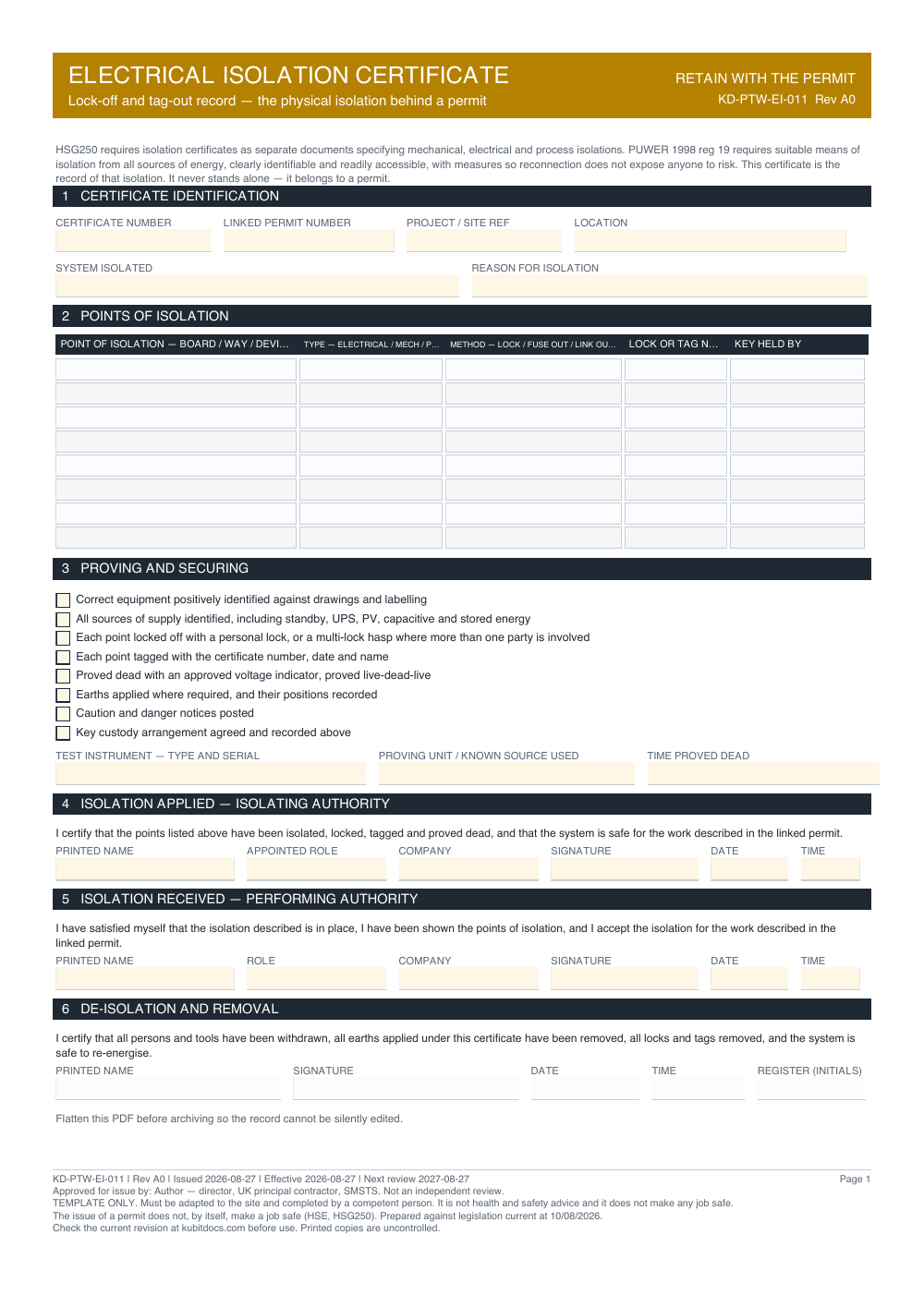 Electrical Isolation Certificate — page one