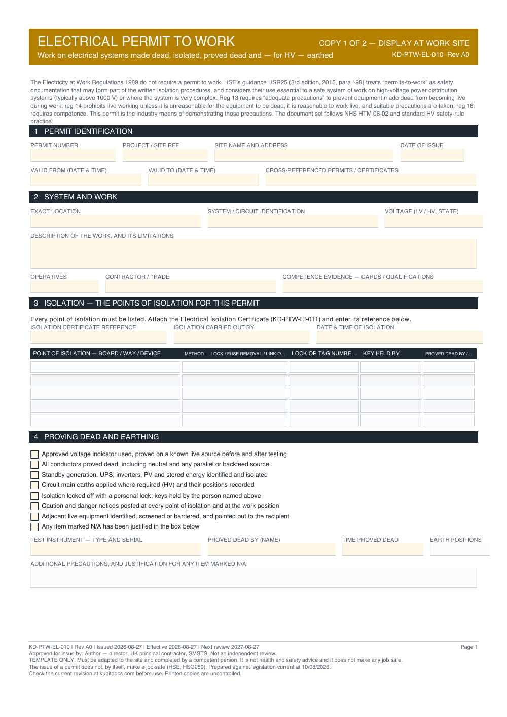Electrical Permit to Work — page one