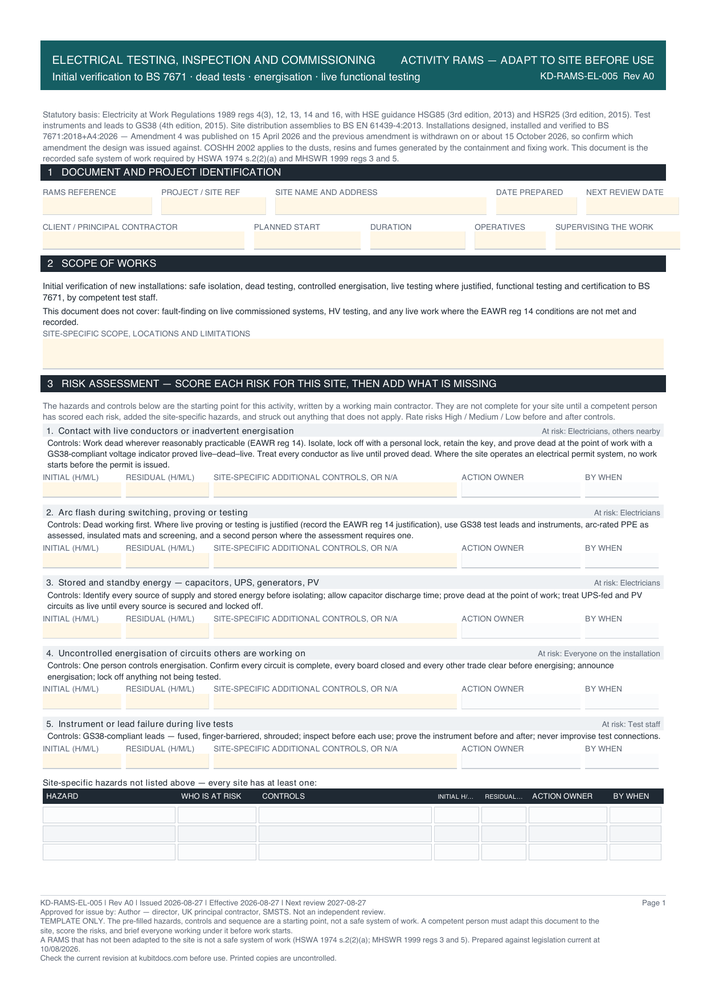 Electrical Testing, Inspection and Commissioning — page one