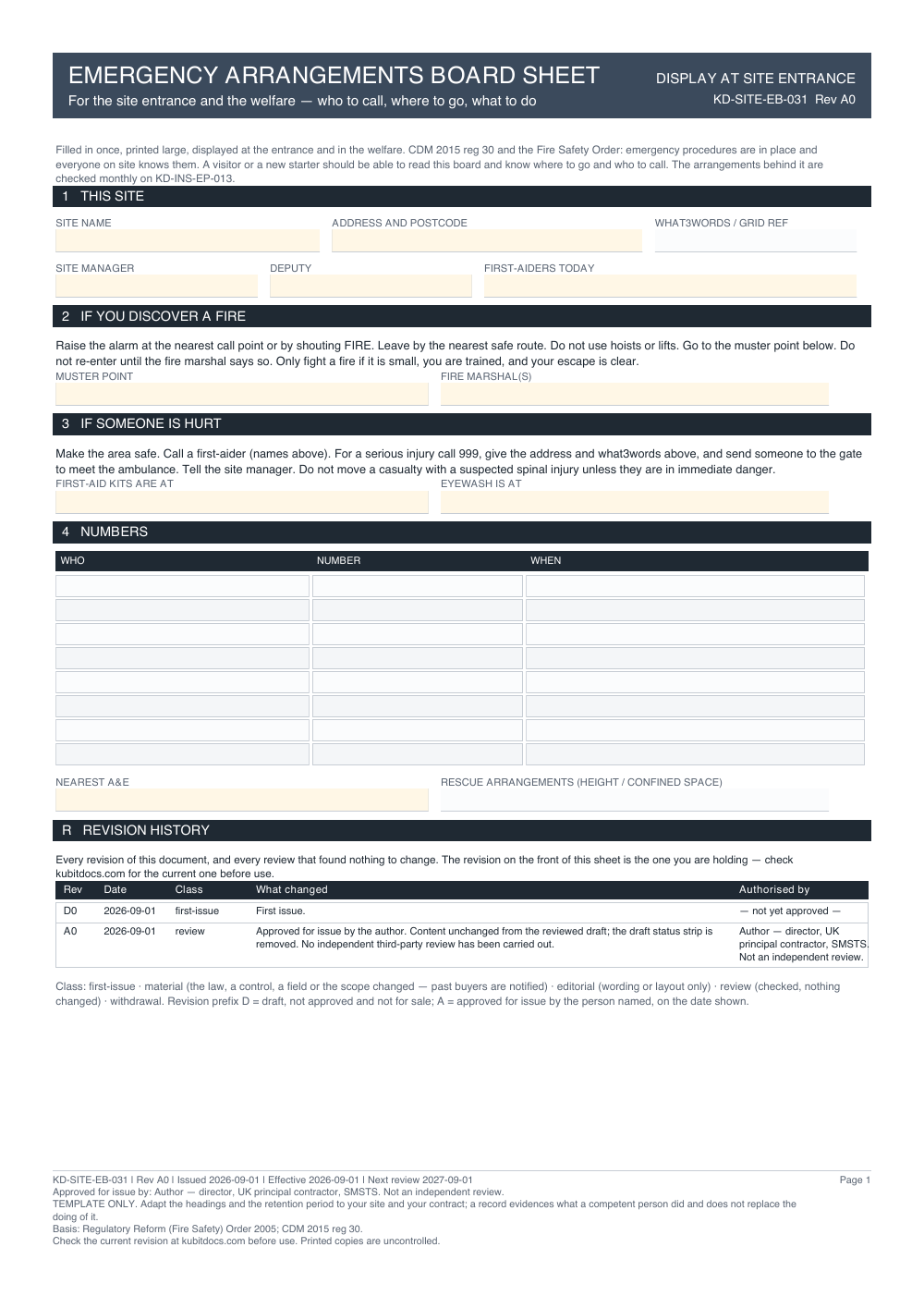 Emergency Arrangements Board Sheet — page one