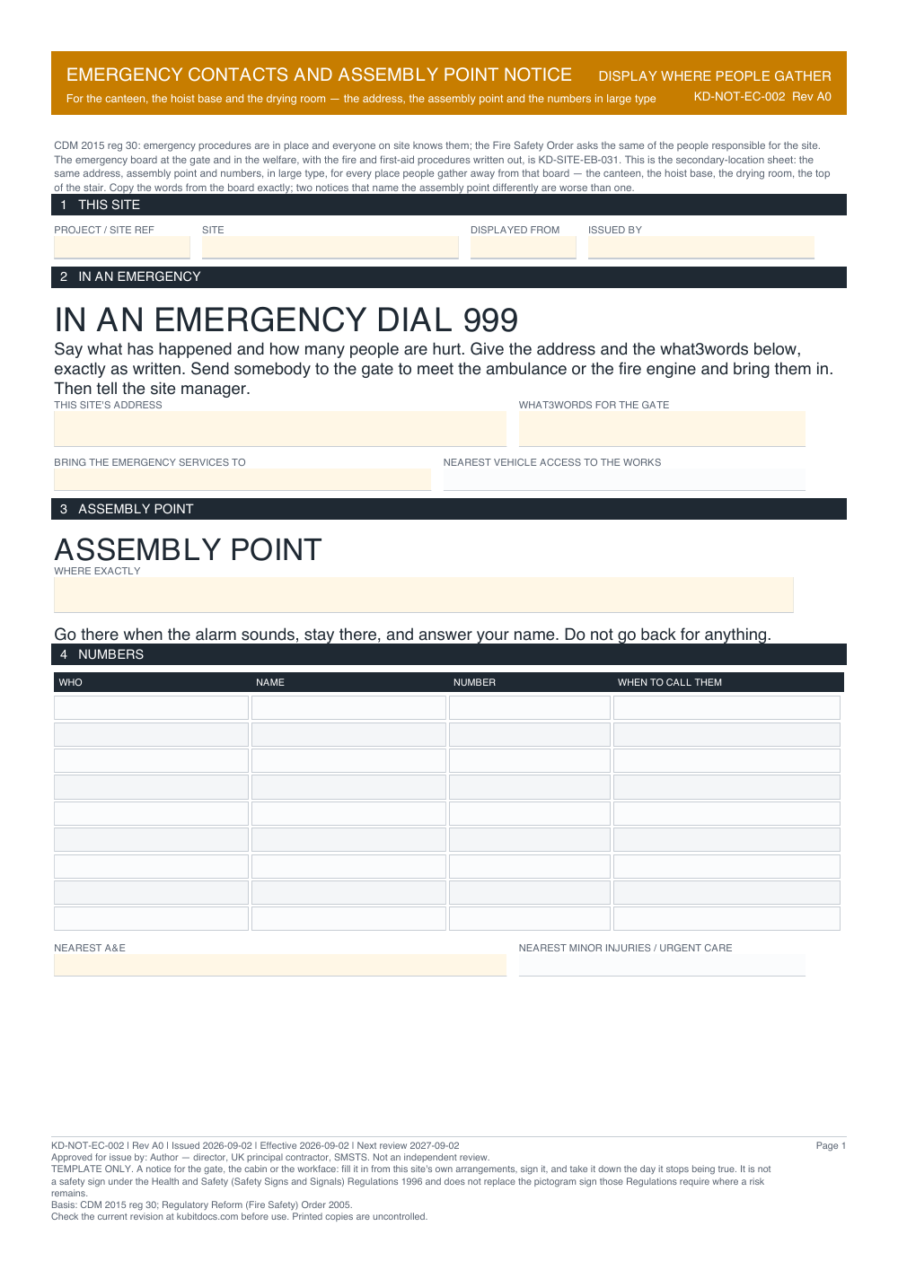 Emergency Contacts and Assembly Point Notice — page one