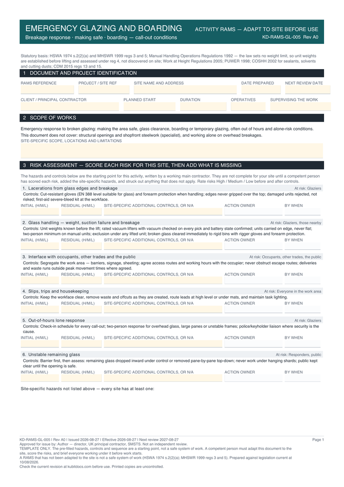 Emergency Glazing and Boarding — page one