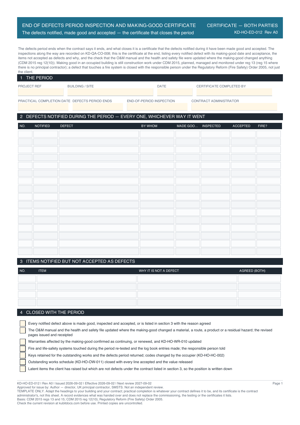 End of Defects Period Inspection and Making-Good Certificate — page one