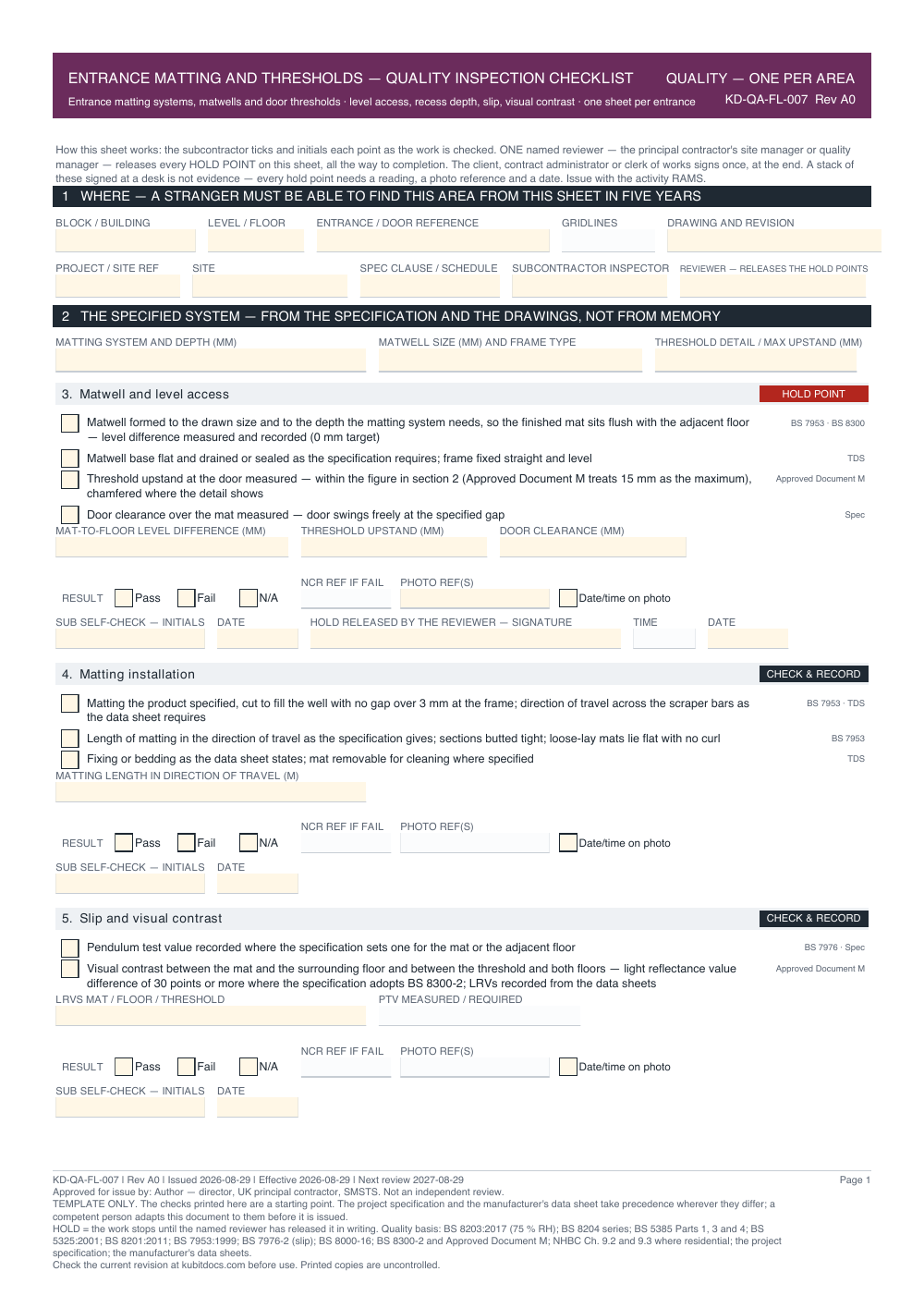 Entrance Matting and Thresholds — Quality Inspection Checklist — page one