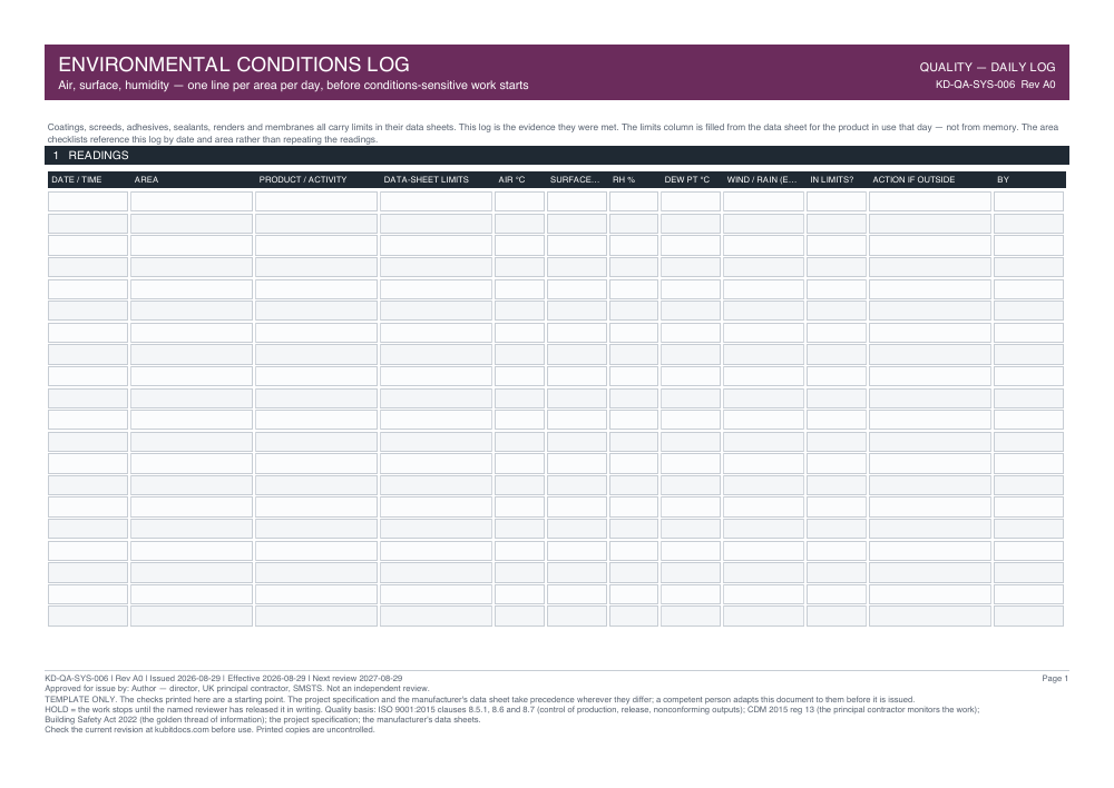 Environmental Conditions Log — page one