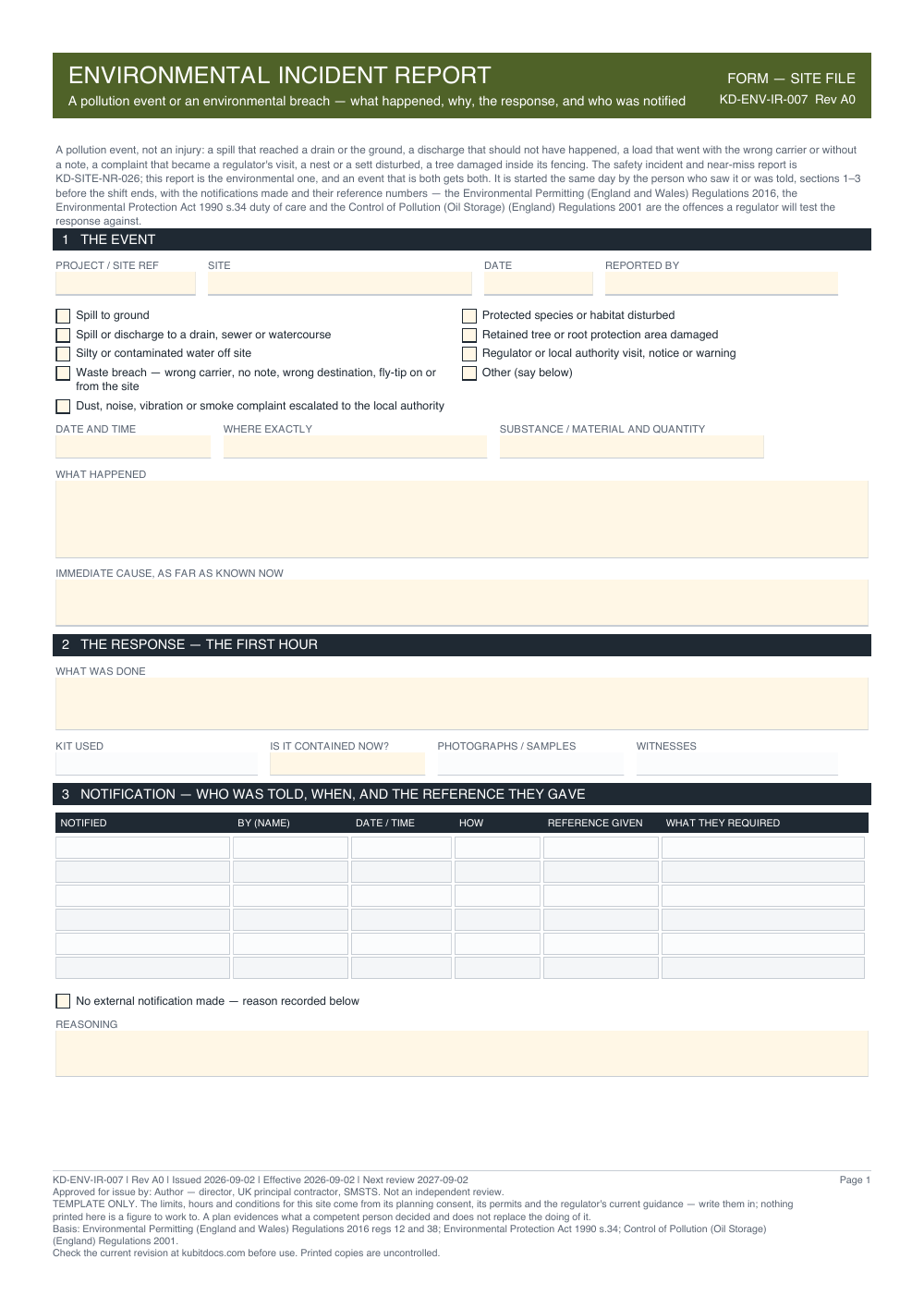 Environmental Incident Report — page one