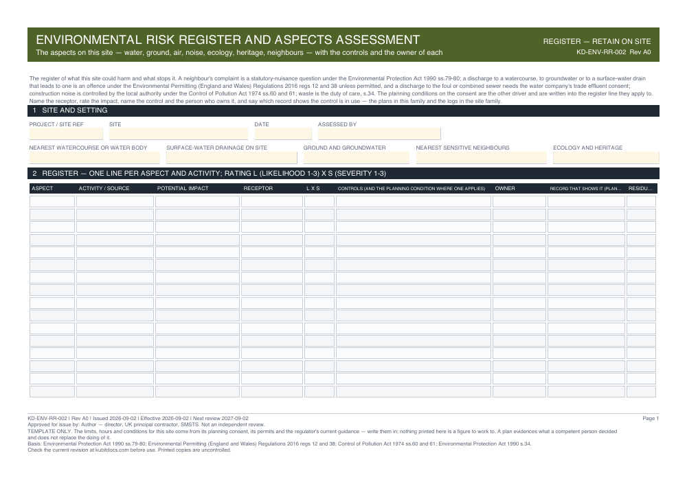 Environmental Risk Register and Aspects Assessment — page one