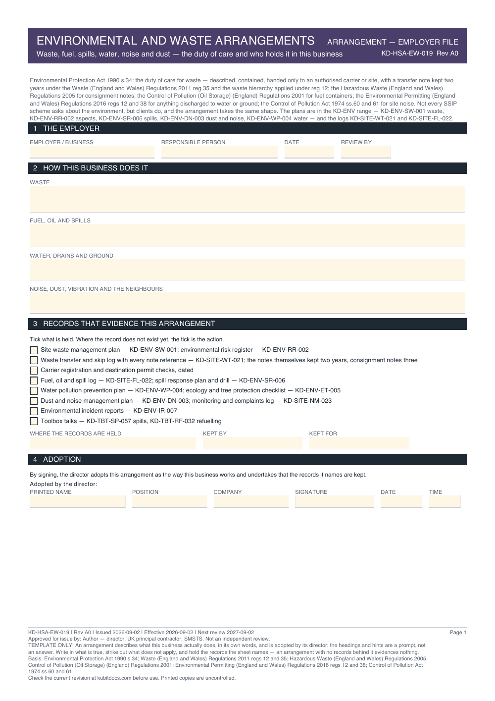 Environmental and Waste Arrangements — page one