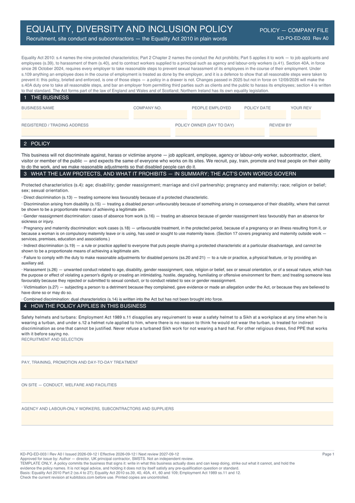Equality, Diversity and Inclusion Policy — page one
