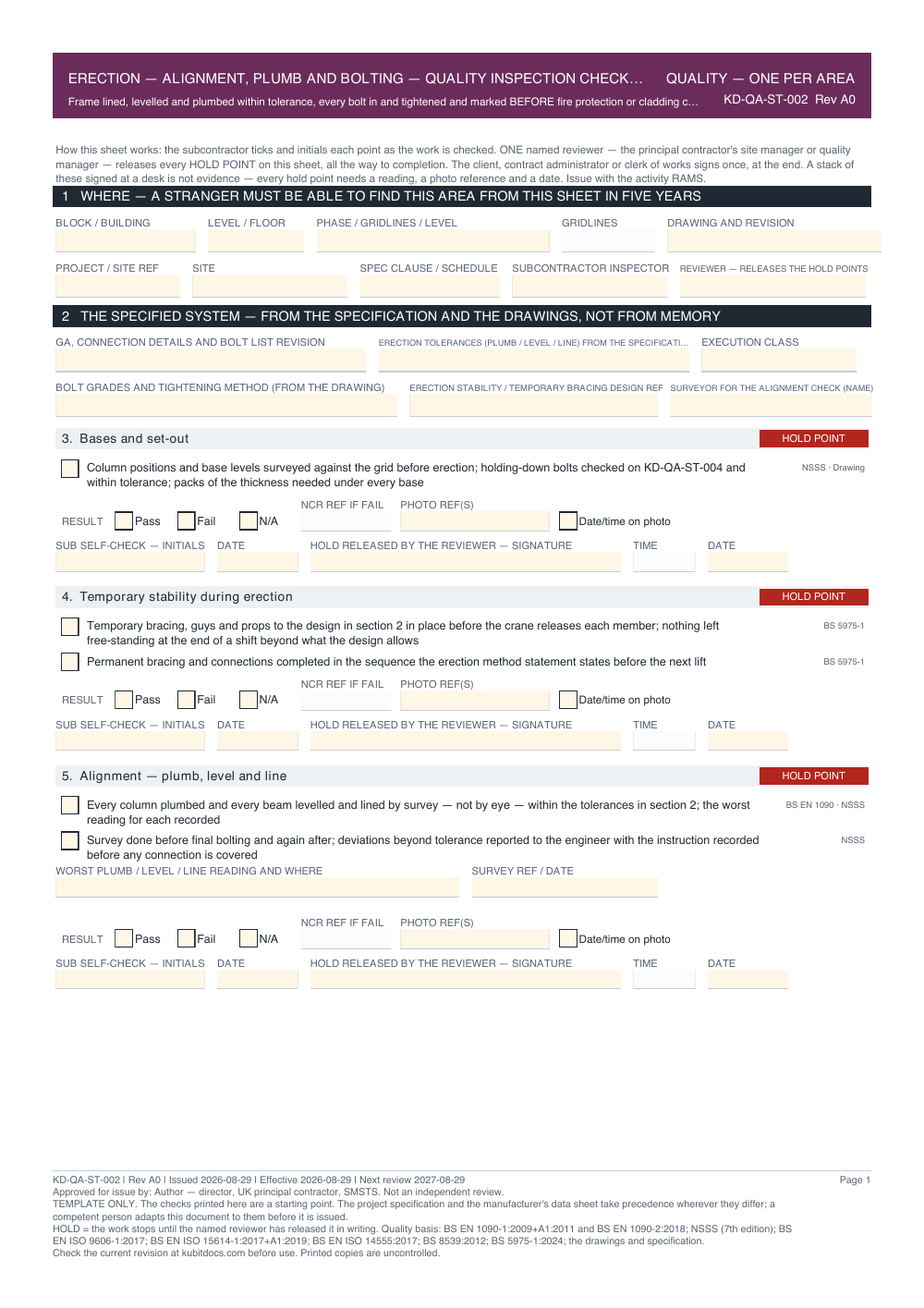 Erection — Alignment, Plumb and Bolting — Quality Inspection Checklist — page one