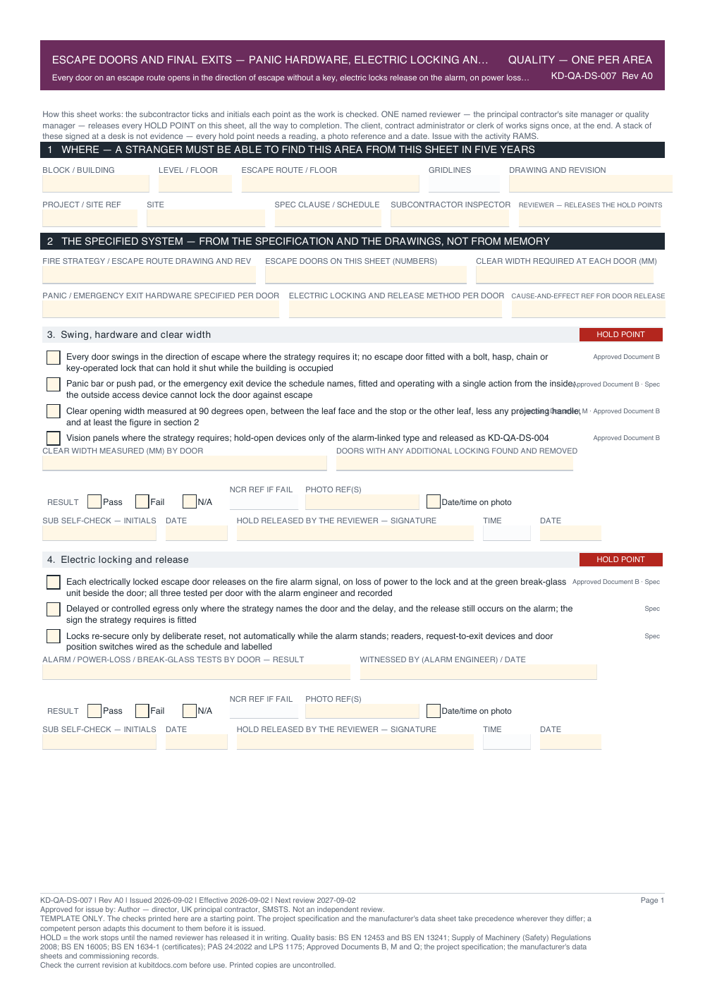 Escape Doors and Final Exits — Panic Hardware, Electric Locking and Alarm Release — Quality Inspection Checklist — page one