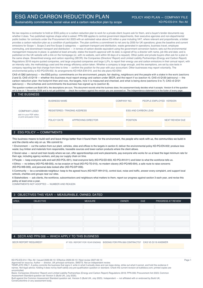 ESG and Carbon Reduction Plan — page one