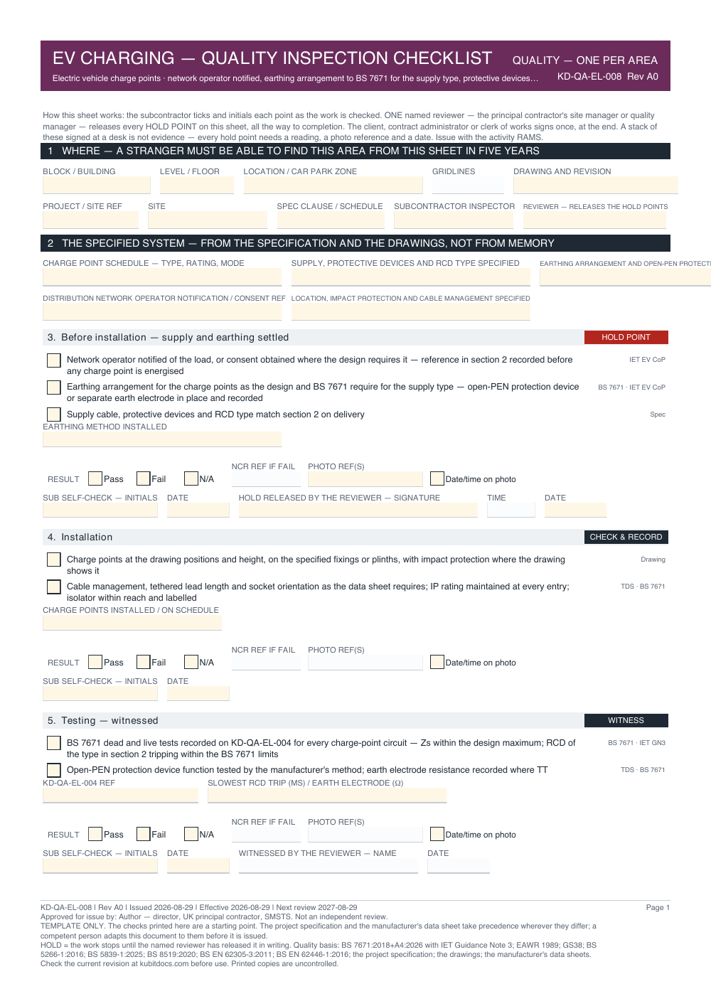 EV Charging — Quality Inspection Checklist — page one
