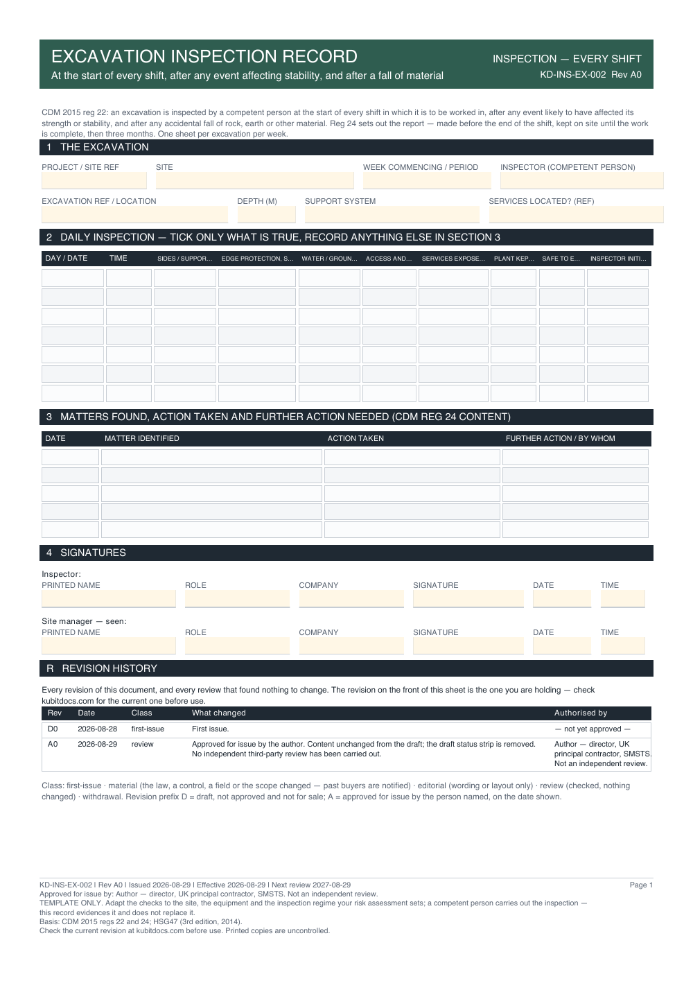 Excavation Inspection Record — page one