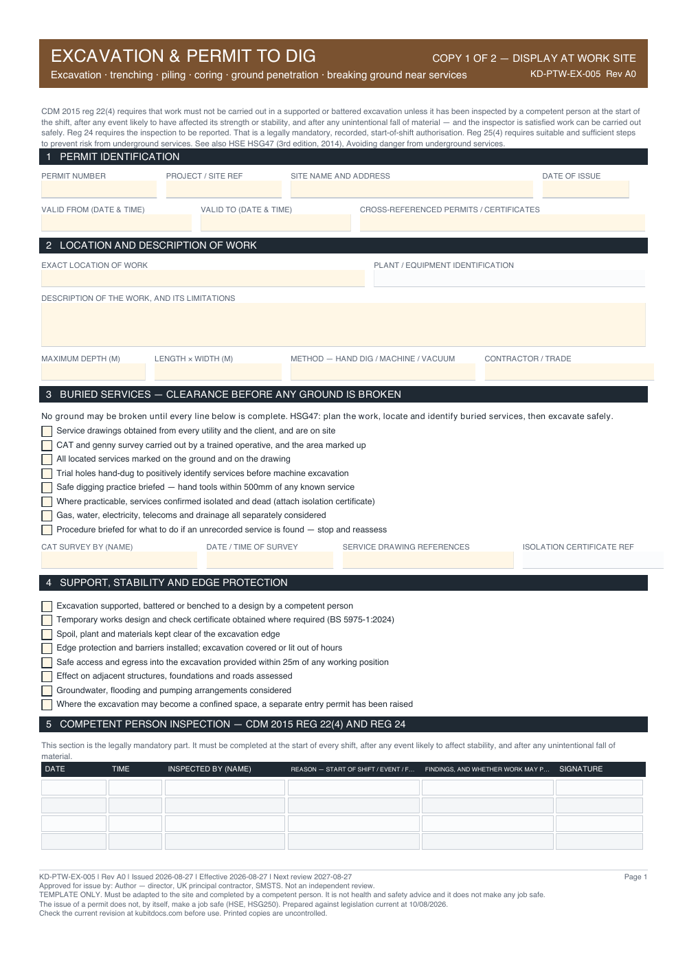 Excavation & Permit to Dig — page one