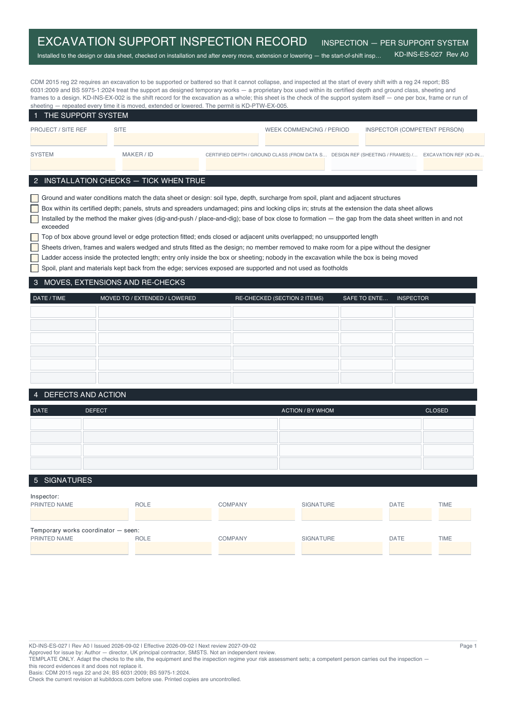 Excavation Support Inspection Record — page one