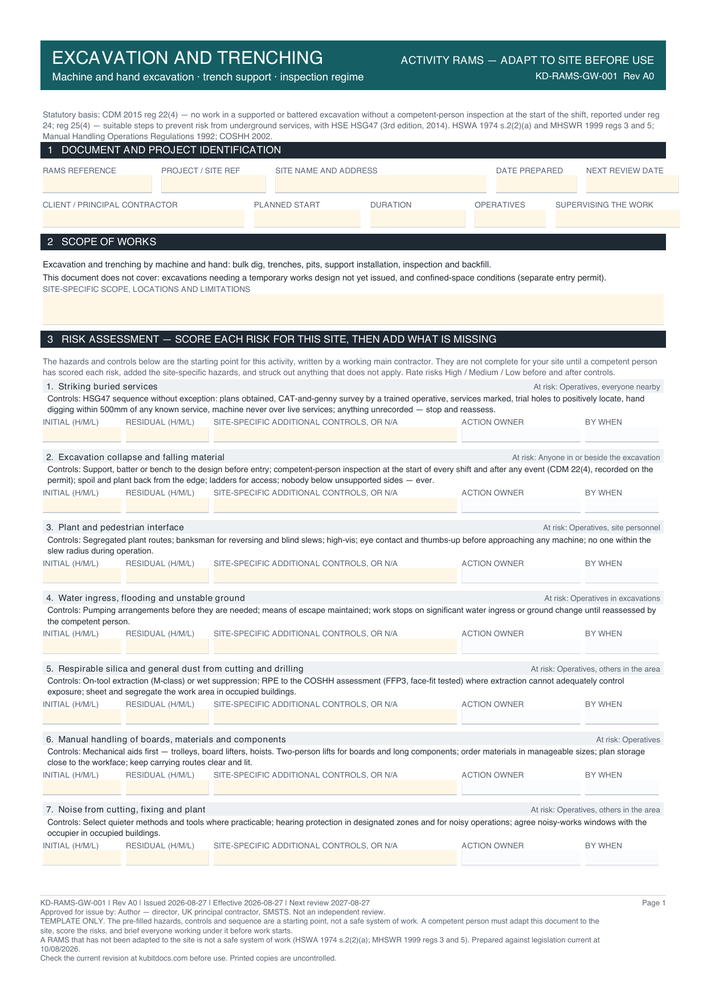 Excavation and Trenching — page one