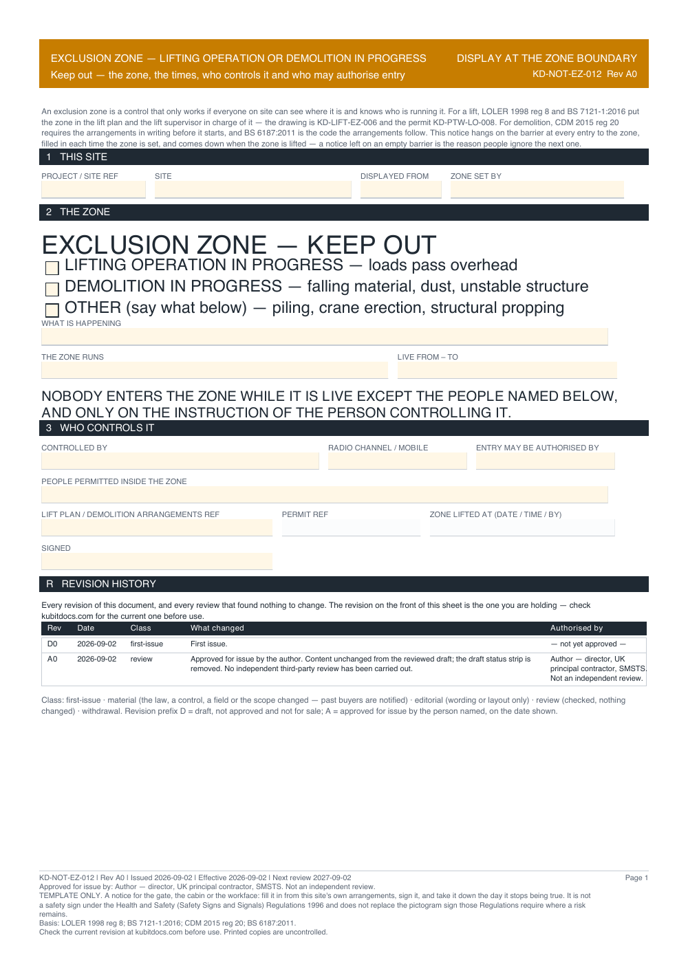Exclusion Zone — Lifting Operation or Demolition in Progress — page one